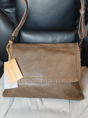 Ampere Creations Vegan Leather Taupe Crossbody Bag with Stud Detail